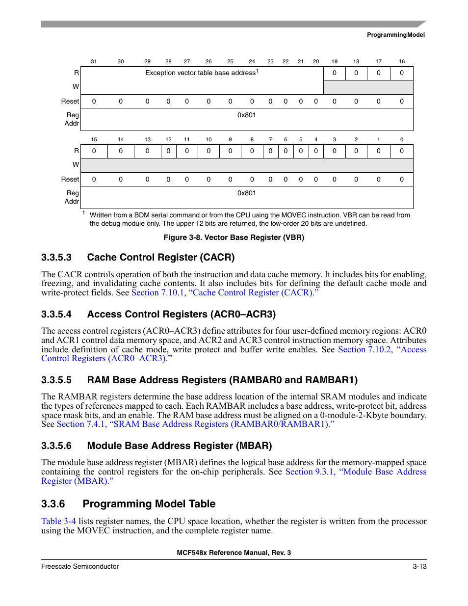 3 cache control register (cacr), 4 access control registers (acr0-acr3), 5 ram base address registers (rambar0 and rambar1) | 6 module base address register (mbar), 6 programming model table, Cache control register (cacr) -13, Access control registers (acr0–acr3) -13, Module base address register (mbar) -13, Programming model table -13, 4 access control registers (acr0–acr3) | Freescale Semiconductor MCF5480 User Manual | Page 117 / 1032