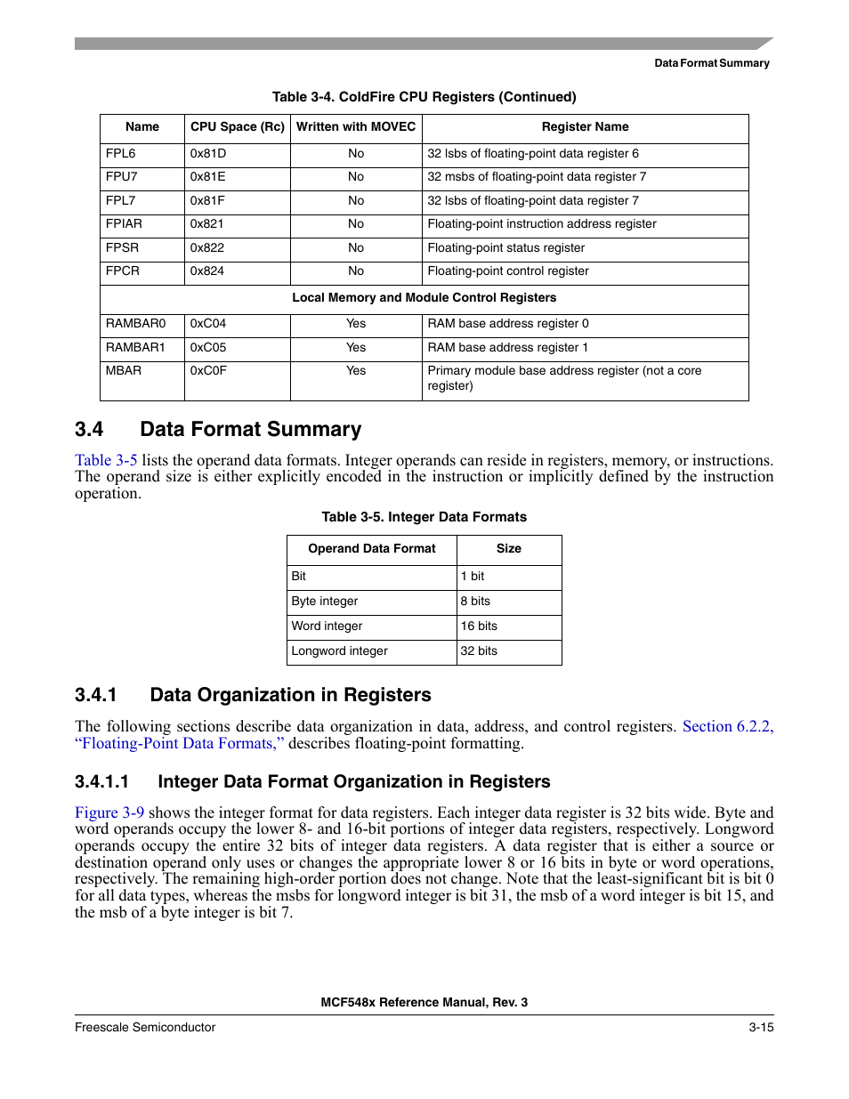 4 data format summary, 1 data organization in registers, 1 integer data format organization in registers | Data format summary -15, Data organization in registers -15, Integer data format organization in registers -15 | Freescale Semiconductor MCF5480 User Manual | Page 119 / 1032