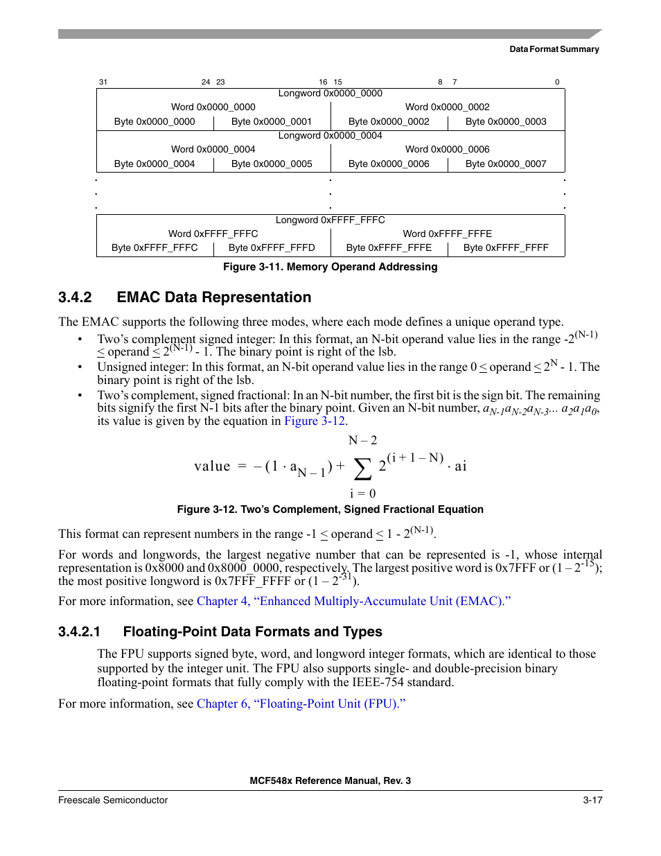 2 emac data representation, 1 floating-point data formats and types, Emac data representation -17 | Floating-point data formats and types -17, Figure 3-11, Value 1 a | Freescale Semiconductor MCF5480 User Manual | Page 121 / 1032