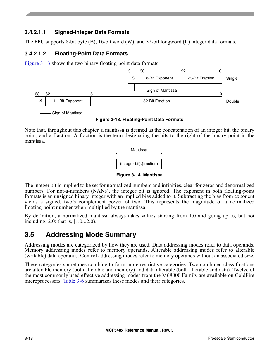 1 signed-integer data formats, 2 floating-point data formats, 5 addressing mode summary | Addressing mode summary -18 | Freescale Semiconductor MCF5480 User Manual | Page 122 / 1032