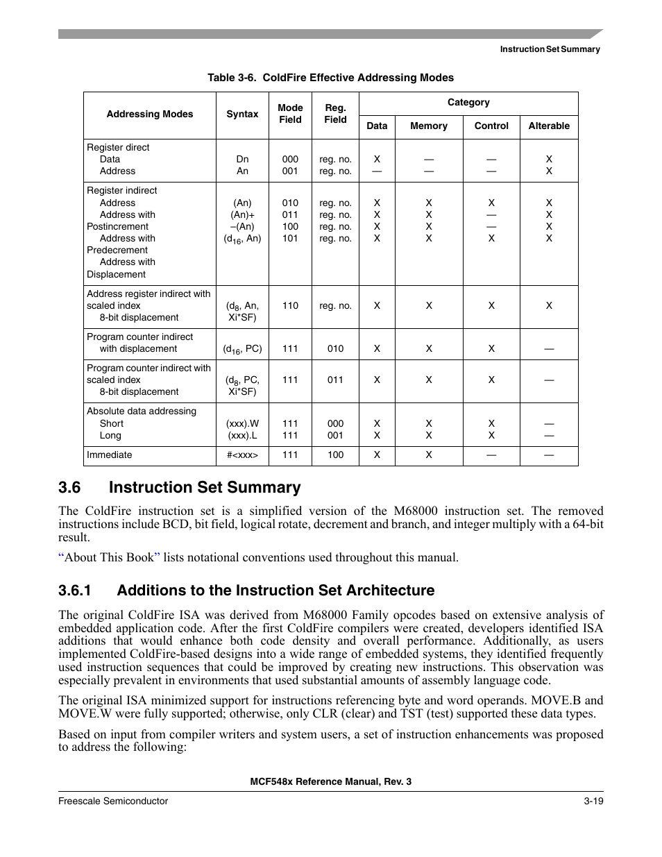 6 instruction set summary, 1 additions to the instruction set architecture, Instruction set summary -19 | Additions to the instruction set architecture -19, Microprocessors, Table 3-6, Summarizes | Freescale Semiconductor MCF5480 User Manual | Page 123 / 1032
