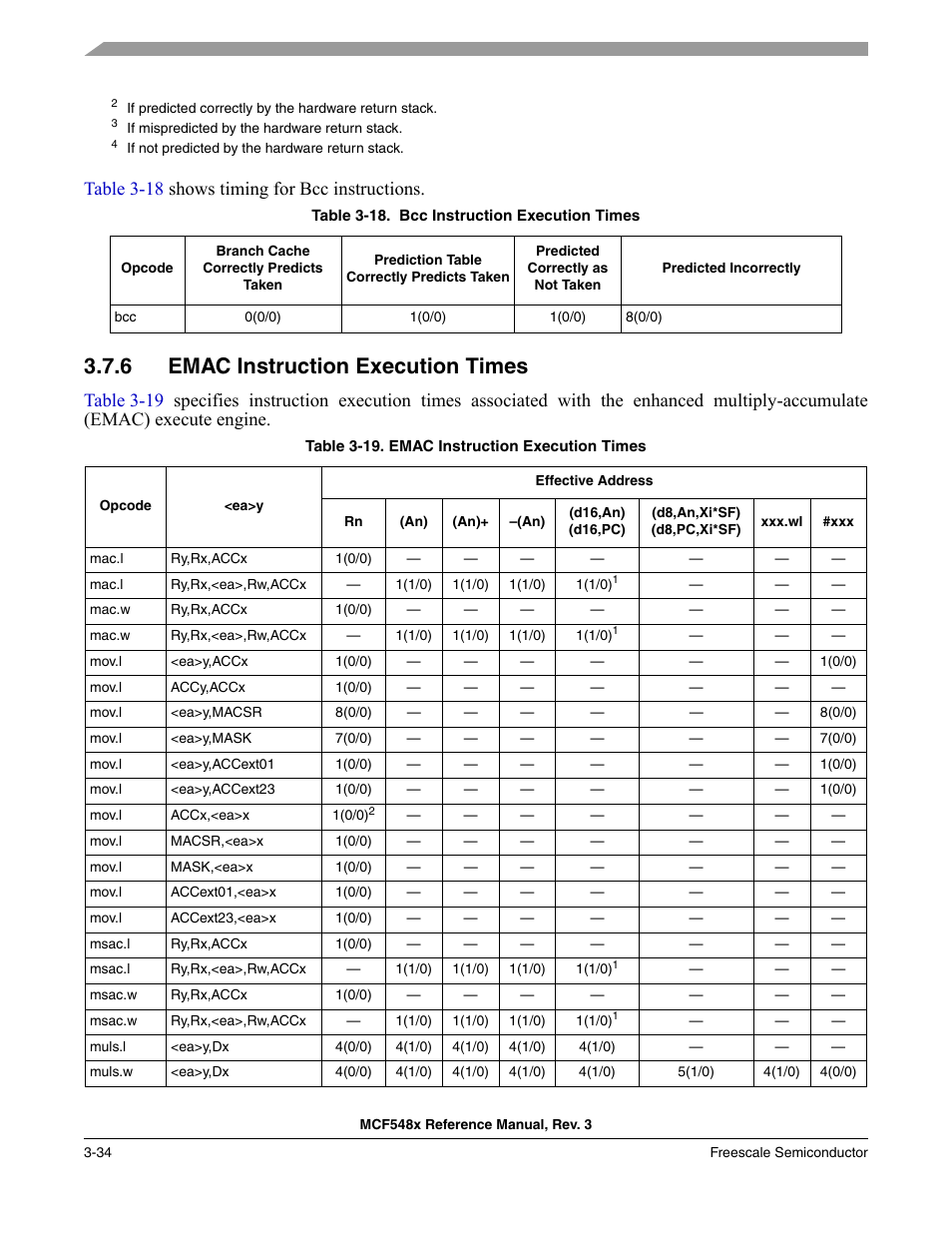 6 emac instruction execution times, Emac instruction execution times -34, Table 3-18 shows timing for bcc instructions | Freescale Semiconductor MCF5480 User Manual | Page 138 / 1032