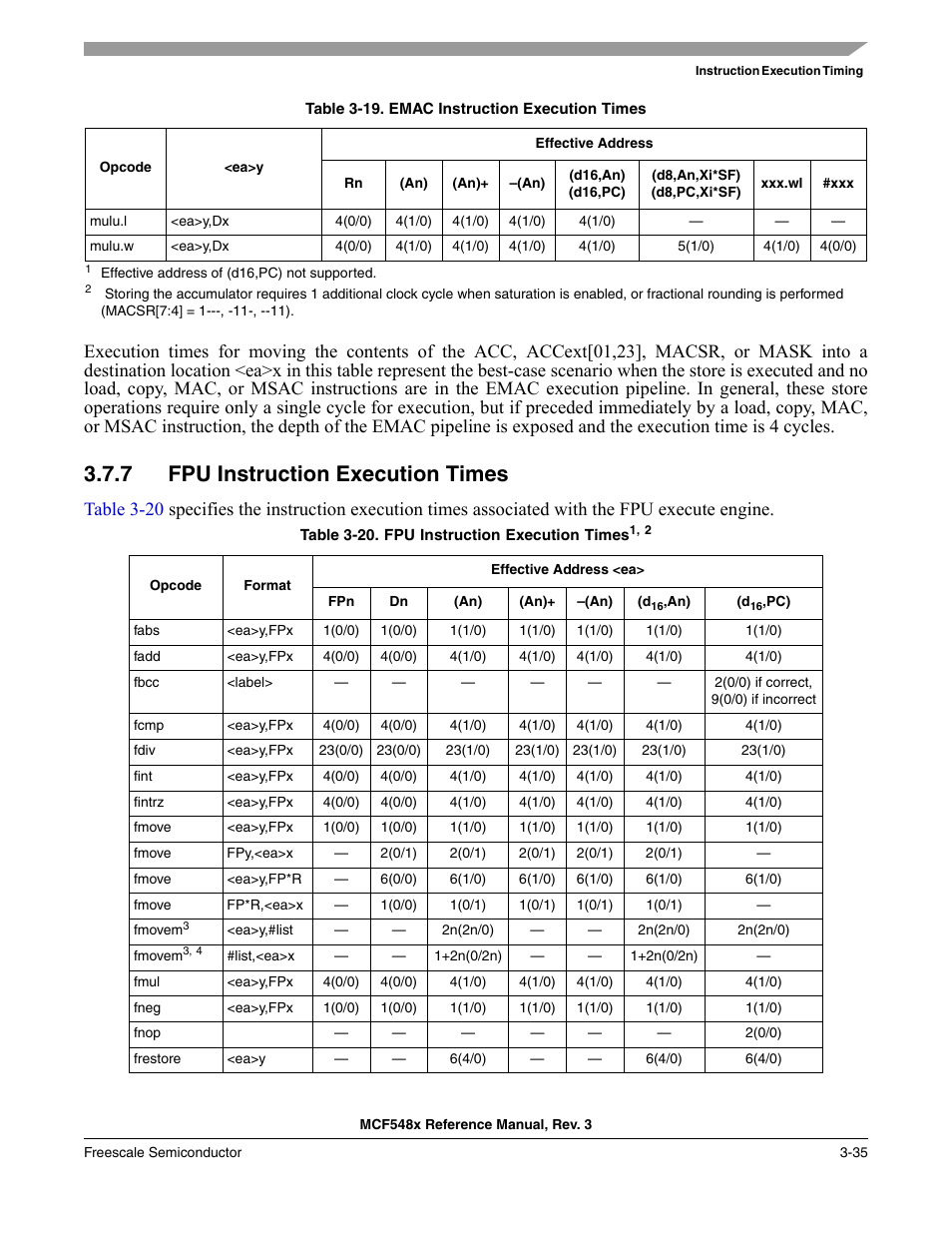 7 fpu instruction execution times, Fpu instruction execution times -35 | Freescale Semiconductor MCF5480 User Manual | Page 139 / 1032
