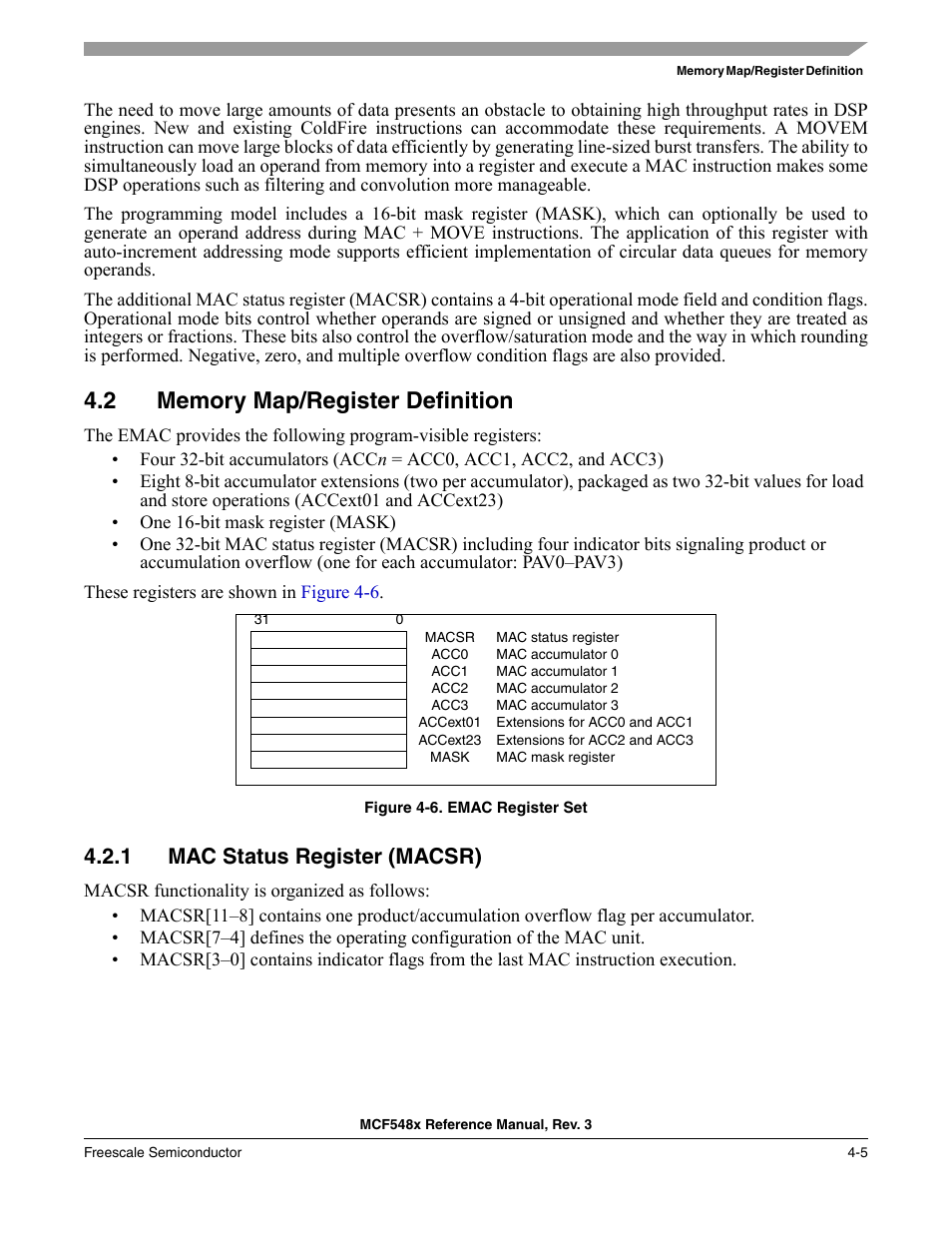 2 memory map/register definition, 1 mac status register (macsr), Memory map/register definition -5 | Mac status register (macsr) -5 | Freescale Semiconductor MCF5480 User Manual | Page 153 / 1032