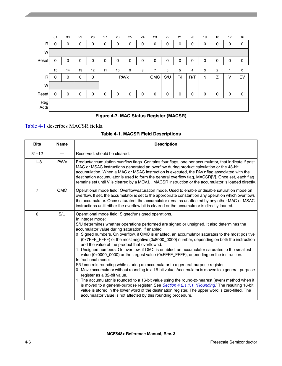 Table 4-1 describes macsr fields | Freescale Semiconductor MCF5480 User Manual | Page 154 / 1032