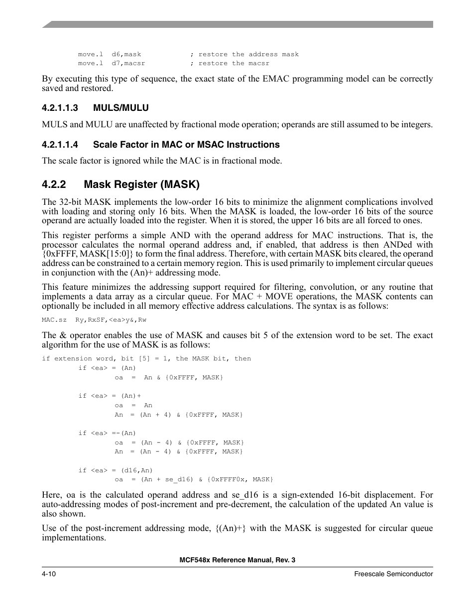 3 muls/mulu, 4 scale factor in mac or msac instructions, 2 mask register (mask) | Mask register (mask) -10 | Freescale Semiconductor MCF5480 User Manual | Page 158 / 1032