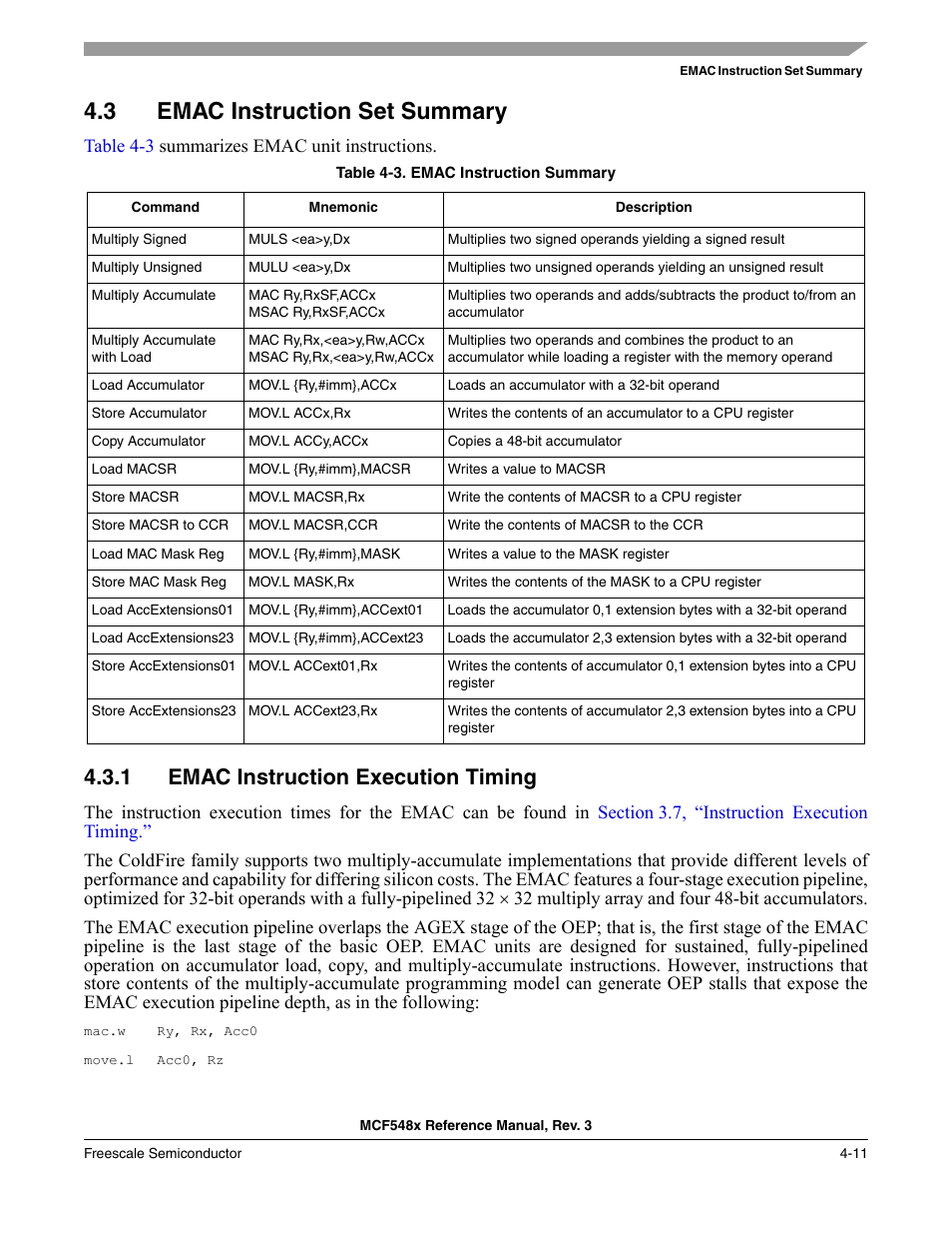 3 emac instruction set summary, 1 emac instruction execution timing, Emac instruction set summary -11 | Emac instruction execution timing -11 | Freescale Semiconductor MCF5480 User Manual | Page 159 / 1032