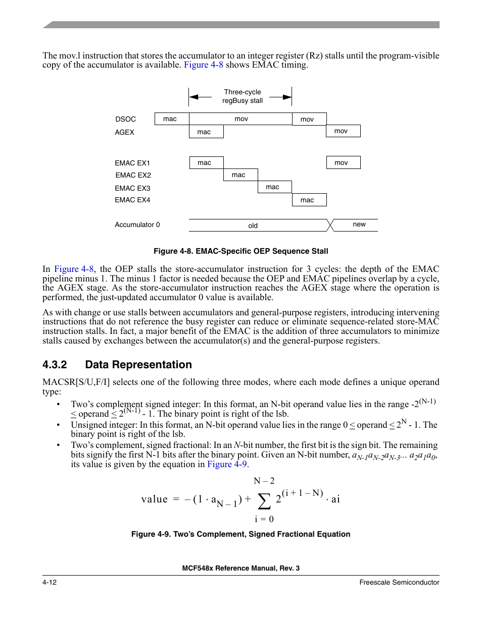 2 data representation, Data representation -12, Section 4.3.2, “data | Representation, Value 1 a | Freescale Semiconductor MCF5480 User Manual | Page 160 / 1032