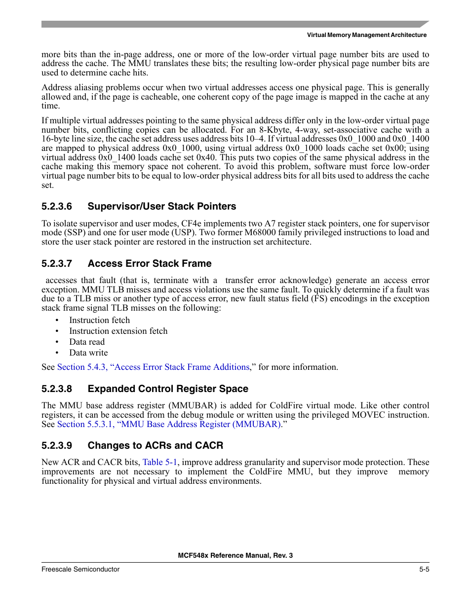 6 supervisor/user stack pointers, 7 access error stack frame, 8 expanded control register space | 9 changes to acrs and cacr, Supervisor/user stack pointers -5, Access error stack frame -5, Expanded control register space -5, Changes to acrs and cacr -5 | Freescale Semiconductor MCF5480 User Manual | Page 171 / 1032