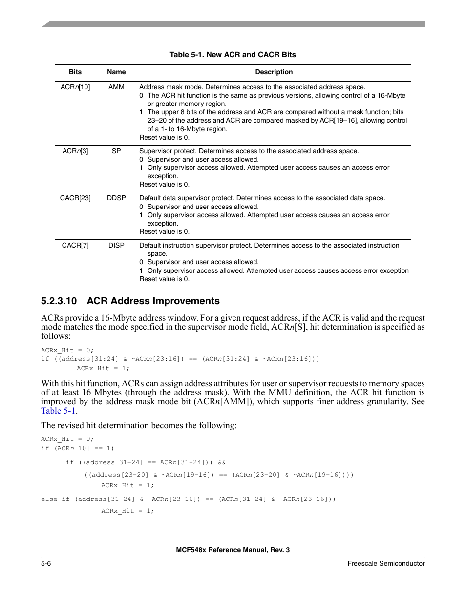 10 acr address improvements, Acr address improvements -6, Table 5-1 | Freescale Semiconductor MCF5480 User Manual | Page 172 / 1032