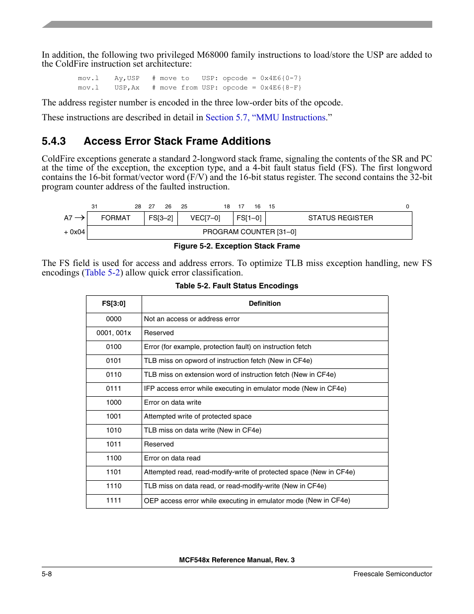 3 access error stack frame additions, Access error stack frame additions -8, Section 5.4.3, “access error stack frame additions | Freescale Semiconductor MCF5480 User Manual | Page 174 / 1032