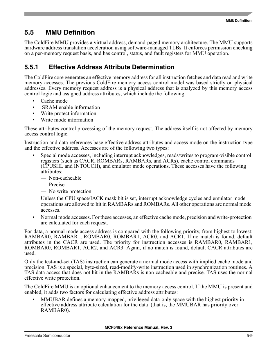 5 mmu definition, 1 effective address attribute determination, Mmu definition -9 | Effective address attribute determination -9 | Freescale Semiconductor MCF5480 User Manual | Page 175 / 1032