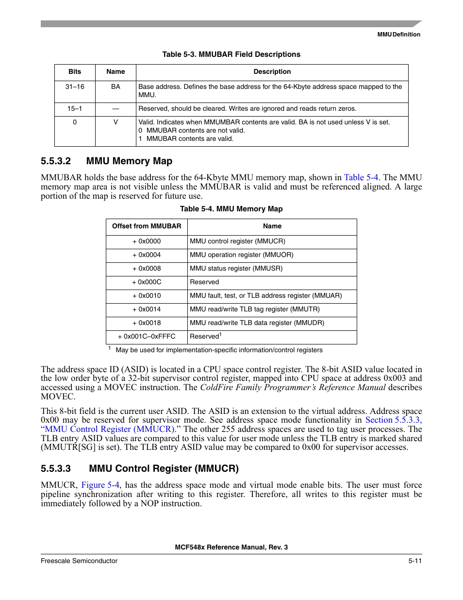 2 mmu memory map, 3 mmu control register (mmucr), Mmu memory map -11 | Mmu control regist, Table 5-3, Describes mmu base address register fields | Freescale Semiconductor MCF5480 User Manual | Page 177 / 1032