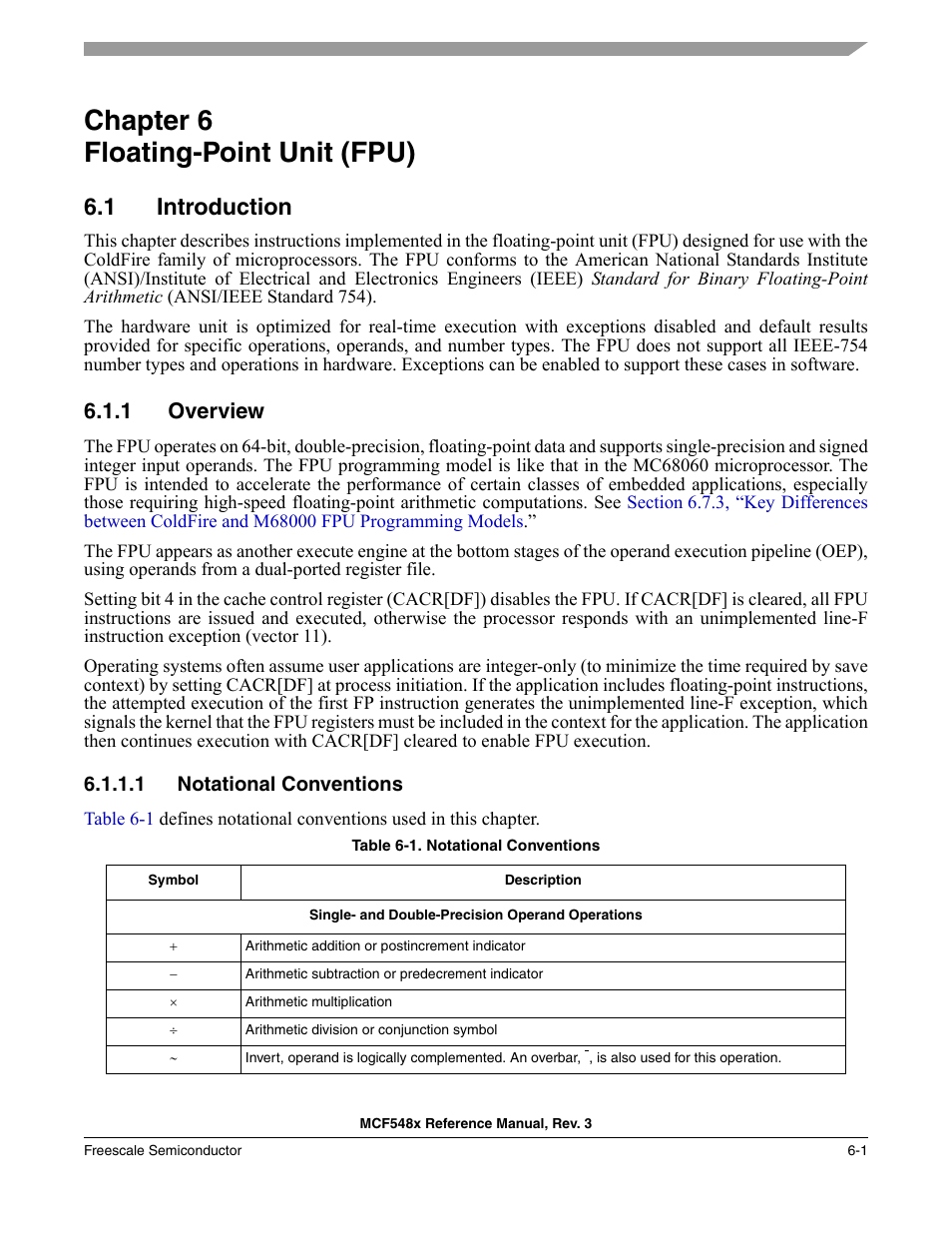 Chapter 6 floating-point unit (fpu), 1 introduction, 1 overview | 1 notational conventions, Chapter 6, Floating-point unit (fpu), Introduction -1, Overview -1, Notational conventions -1, Chapter 6, “floating-point unit (fpu) | Freescale Semiconductor MCF5480 User Manual | Page 191 / 1032