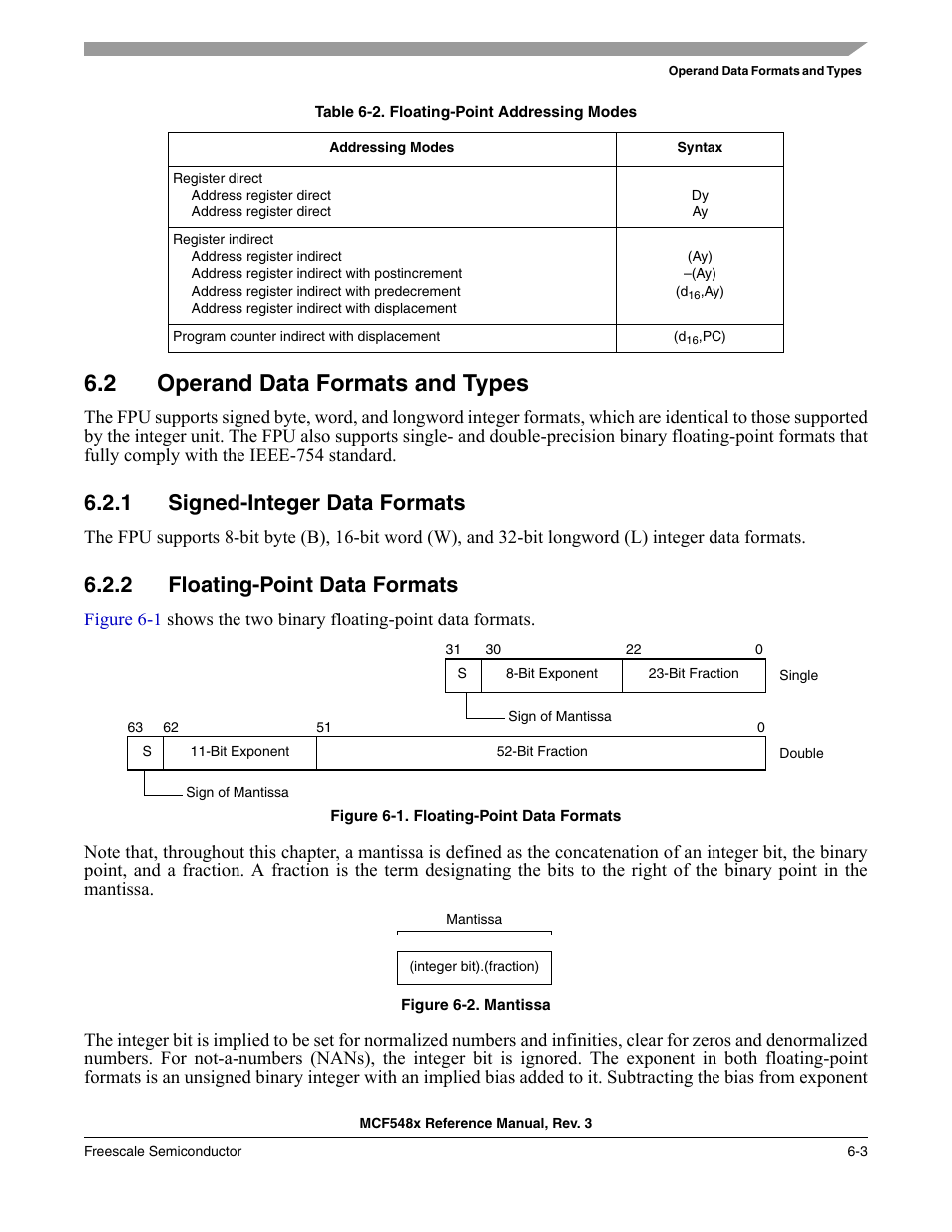 2 operand data formats and types, 1 signed-integer data formats, 2 floating-point data formats | Operand data formats and types -3, Signed-integer data formats -3, Floating-point data formats -3, Ion in data, address, and control registers, Section 6.2.2, Floating-point data formats | Freescale Semiconductor MCF5480 User Manual | Page 193 / 1032