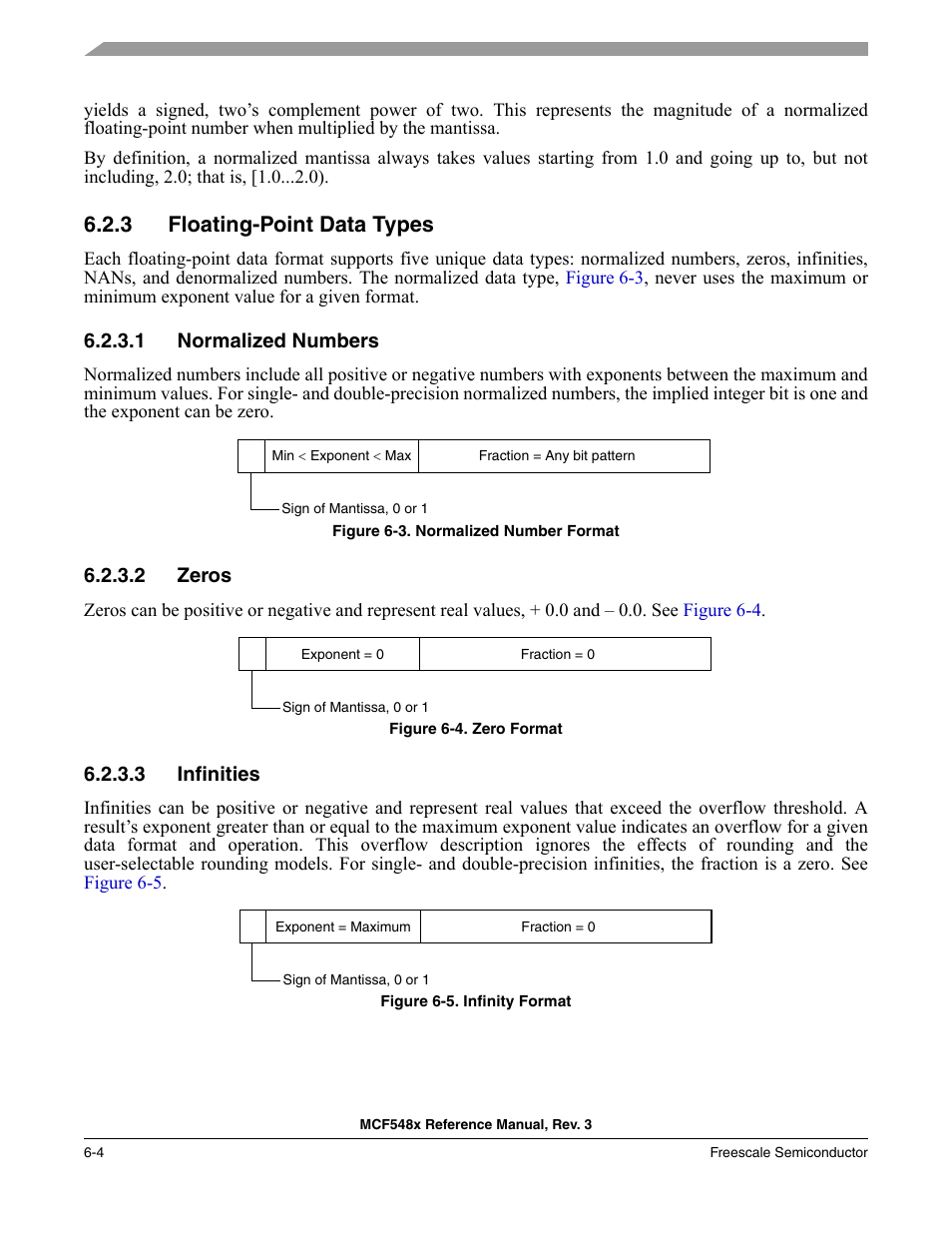 3 floating-point data types, 1 normalized numbers, 2 zeros | 3 infinities, Floating-point data types -4, Normalized numbers -4, Zeros -4, Infinities -4 | Freescale Semiconductor MCF5480 User Manual | Page 194 / 1032