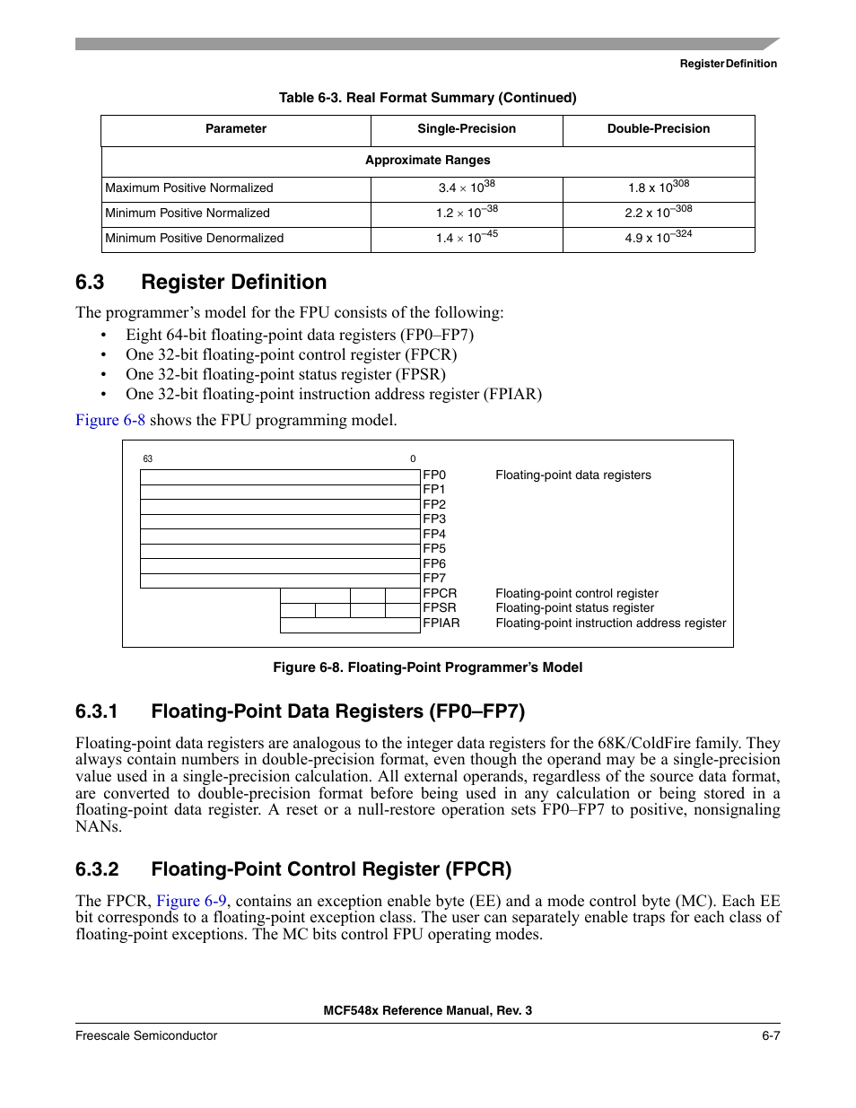 3 register definition, 1 floating-point data registers (fp0-fp7), 2 floating-point control register (fpcr) | Register definition -7, Floating-point data registers (fp0–fp7) -7, Floating-point control register (fpcr) -7, 1 floating-point data registers (fp0–fp7) | Freescale Semiconductor MCF5480 User Manual | Page 197 / 1032