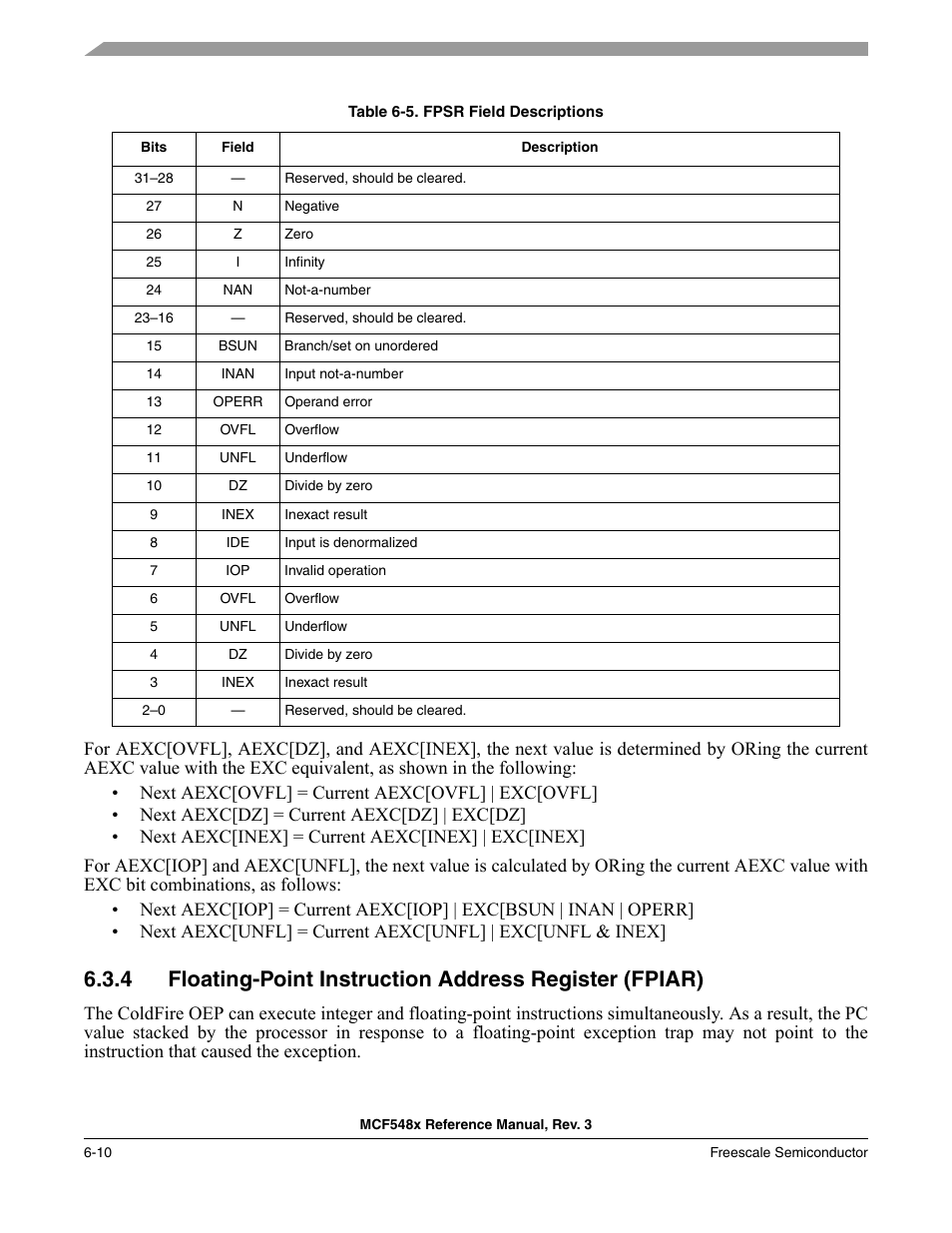 Table 6-5, Describes fpsr fields | Freescale Semiconductor MCF5480 User Manual | Page 200 / 1032