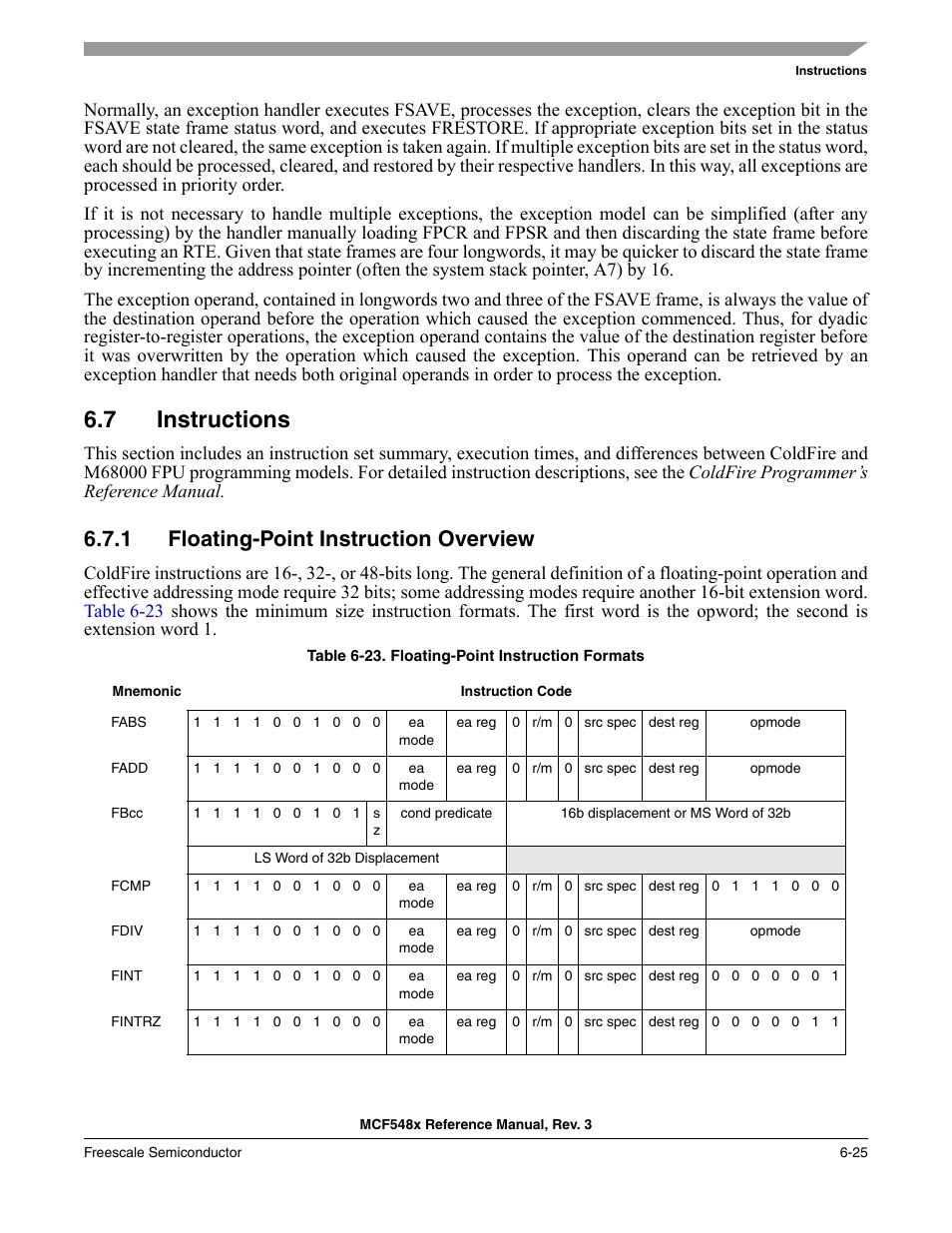 7 instructions, 1 floating-point instruction overview, Instructions -25 | Floating-point instruction overview -25, Table 6-23 | Freescale Semiconductor MCF5480 User Manual | Page 215 / 1032