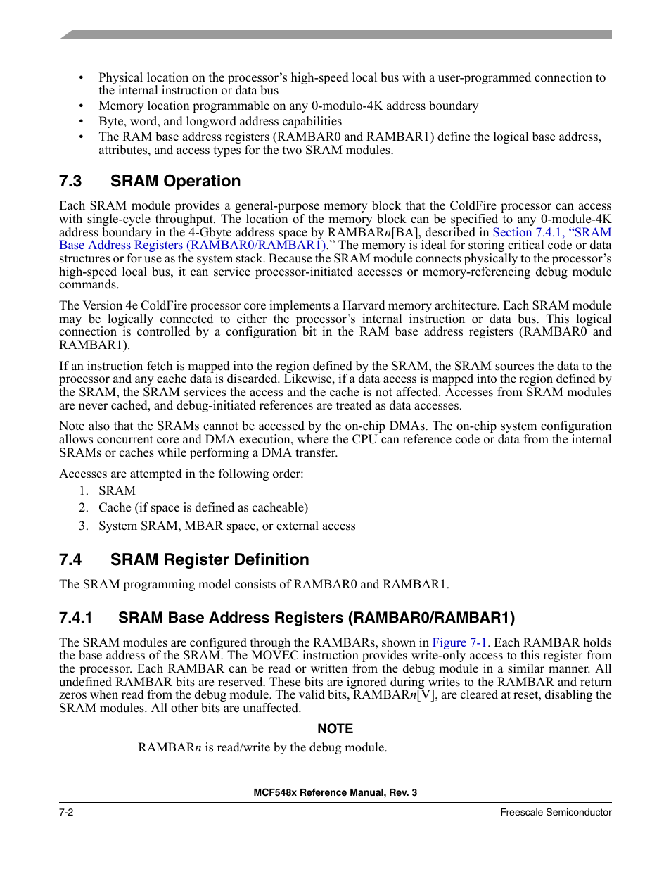 3 sram operation, 4 sram register definition, 1 sram base address registers (rambar0/rambar1) | Sram operation -2, Sram register definition -2, Sram base address registers (rambar0/rambar1) -2 | Freescale Semiconductor MCF5480 User Manual | Page 222 / 1032