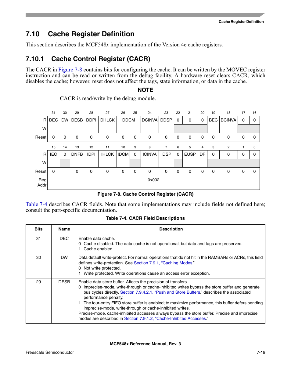 10 cache register definition, 1 cache control register (cacr), Cache register definition -19 | Cache control register (cacr) -19, Write-protect fields. see, Section 7.10.1, “cache control register (cacr) | Freescale Semiconductor MCF5480 User Manual | Page 239 / 1032