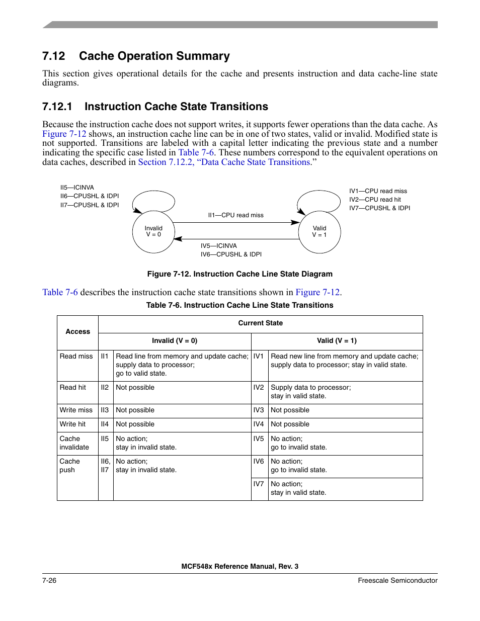 12 cache operation summary, 1 instruction cache state transitions, Cache operation summary -26 | Instruction cache state transitions -26 | Freescale Semiconductor MCF5480 User Manual | Page 246 / 1032