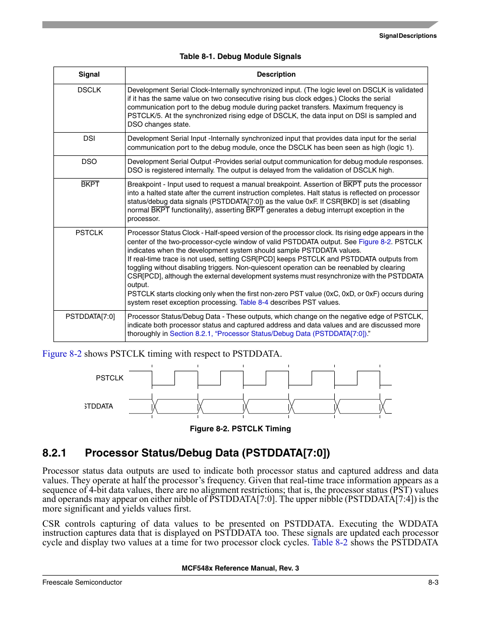 1 processor status/debug data (pstddata[7:0]), Processor status/debug data (pstddata[7:0]) -3, Table 8-1 | Describes debug module signals. al | Freescale Semiconductor MCF5480 User Manual | Page 253 / 1032