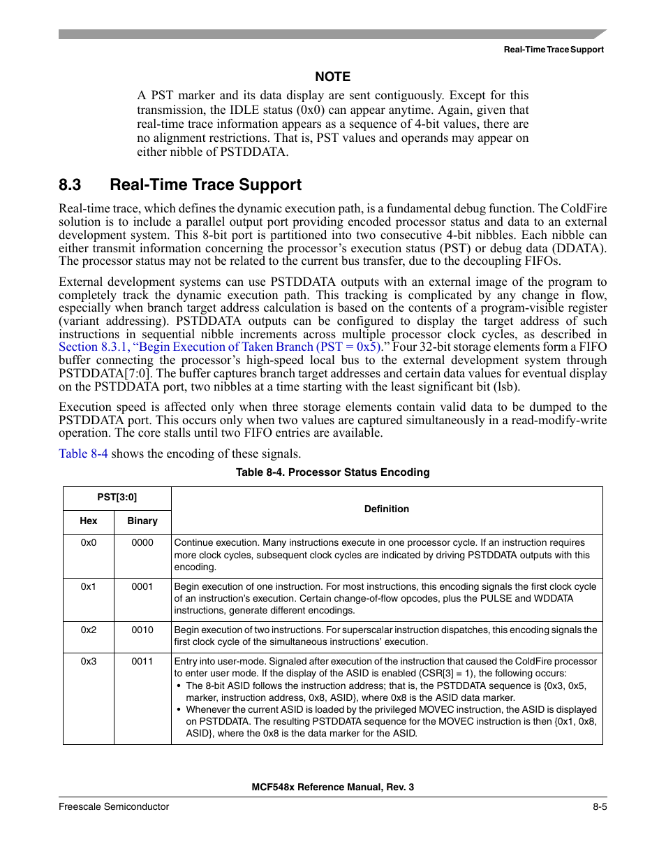 3 real-time trace support, Real-time trace support -5, Section 8.3, “real-time trace support | Resynchronize with the, Table 8-4 | Freescale Semiconductor MCF5480 User Manual | Page 255 / 1032