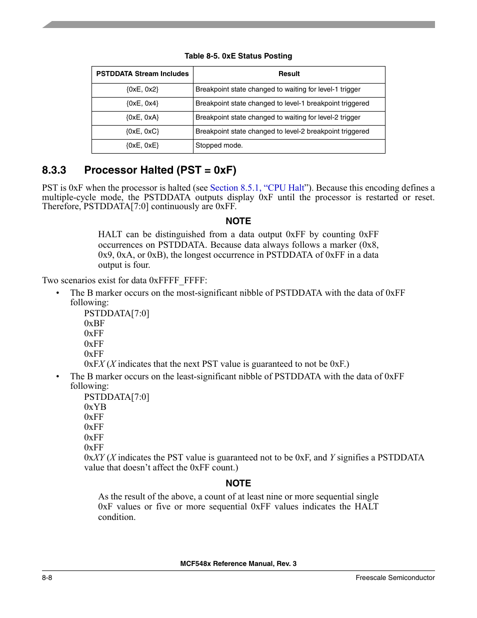3 processor halted (pst = 0xf), Processor halted (pst = 0xf) -8, Ts, based on the next value, as | Table 8-5 | Freescale Semiconductor MCF5480 User Manual | Page 258 / 1032