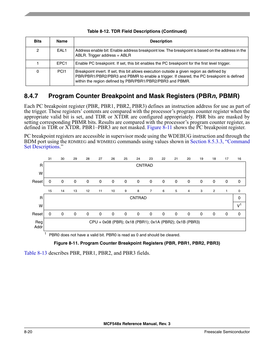 Program counter breakpoint and mask registers (pbr | Freescale Semiconductor MCF5480 User Manual | Page 270 / 1032