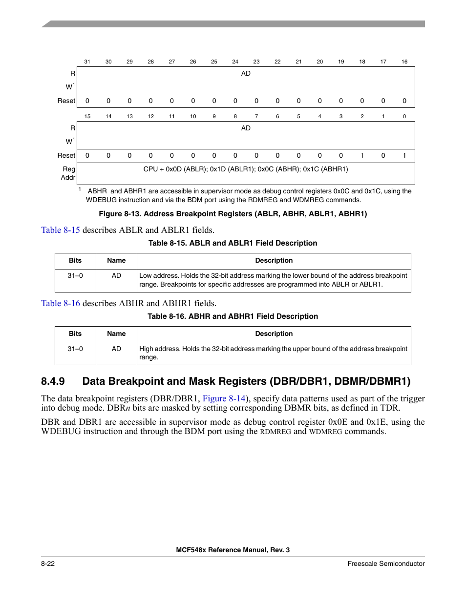 Figure 8-13, Define regions in, Table 8-15 describes ablr and ablr1 fields | Table 8-16 describes abhr and abhr1 fields, Commands | Freescale Semiconductor MCF5480 User Manual | Page 272 / 1032