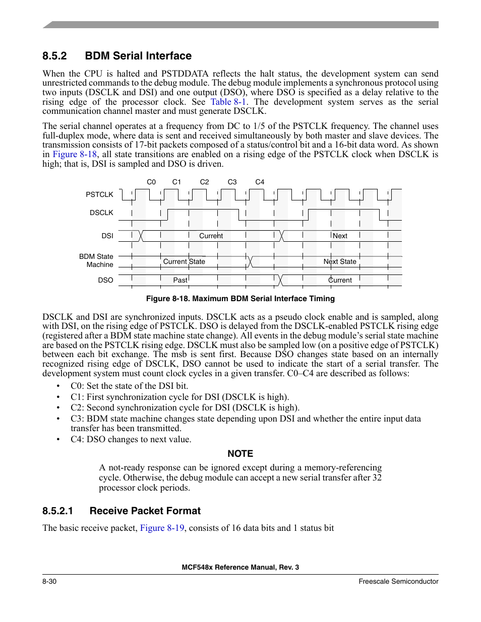 2 bdm serial interface, 1 receive packet format, Bdm serial interface -30 | Receive packet format -30 | Freescale Semiconductor MCF5480 User Manual | Page 280 / 1032