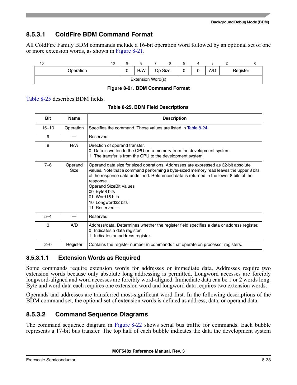 1 coldfire bdm command format, 1 extension words as required, 2 command sequence diagrams | Coldfire bdm command format -33, Command sequence diagrams -33 | Freescale Semiconductor MCF5480 User Manual | Page 283 / 1032