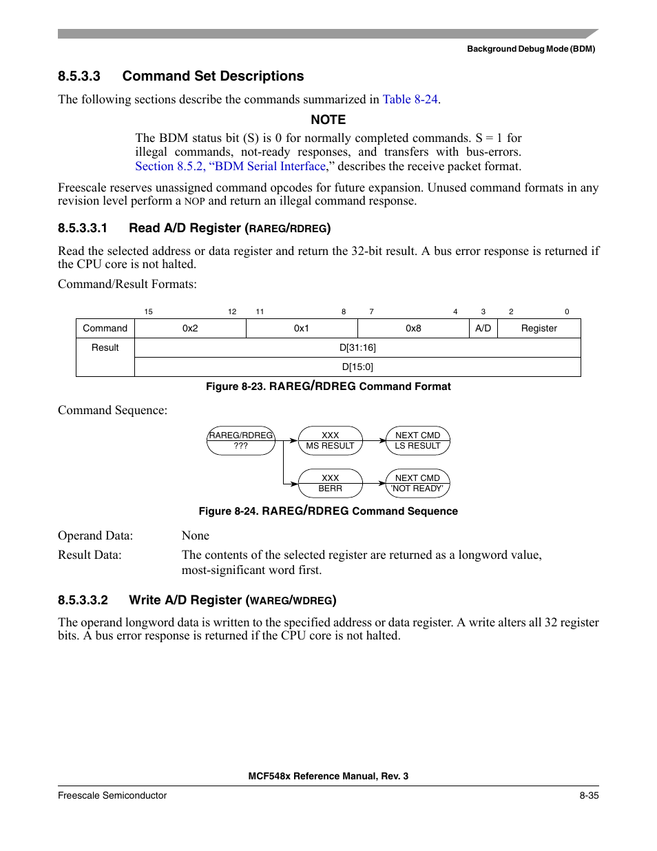3 command set descriptions, 1 read a/d register (rareg/rdreg), 2 write a/d register (wareg/wdreg) | Command set descriptions -35, Section 8.5.3.3, “command set descriptions, These commands contain a 5-bit field, drc, Section 8.5.3.3, “command, Set descriptions | Freescale Semiconductor MCF5480 User Manual | Page 285 / 1032