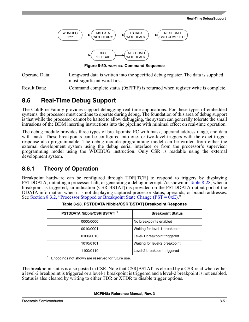 6 real-time debug support, 1 theory of operation, Real-time debug support -51 | Theory of operation -51, Section 8.6, “real-time debug, Support | Freescale Semiconductor MCF5480 User Manual | Page 301 / 1032