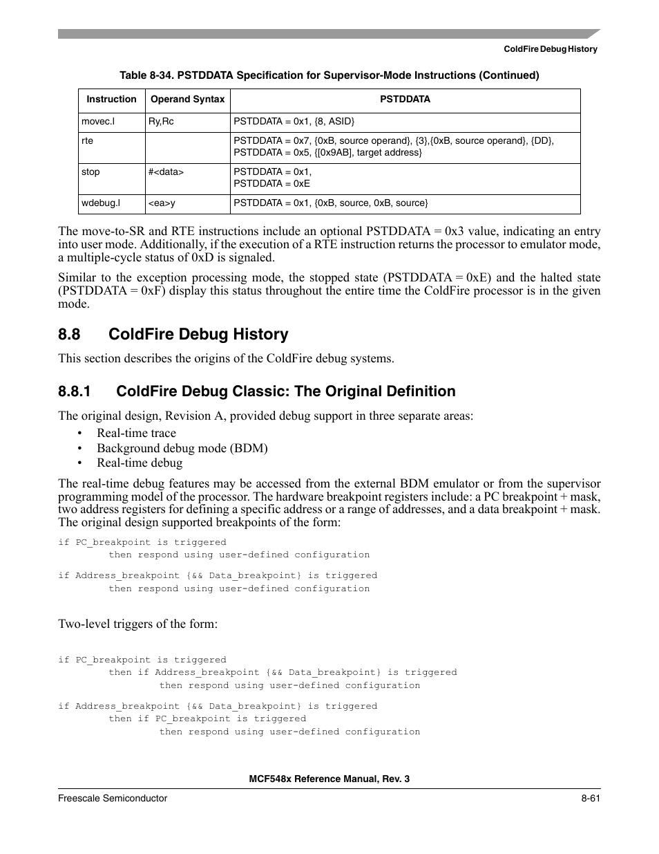 8 coldfire debug history, 1 coldfire debug classic: the original definition, Coldfire debug history -61 | Freescale Semiconductor MCF5480 User Manual | Page 311 / 1032