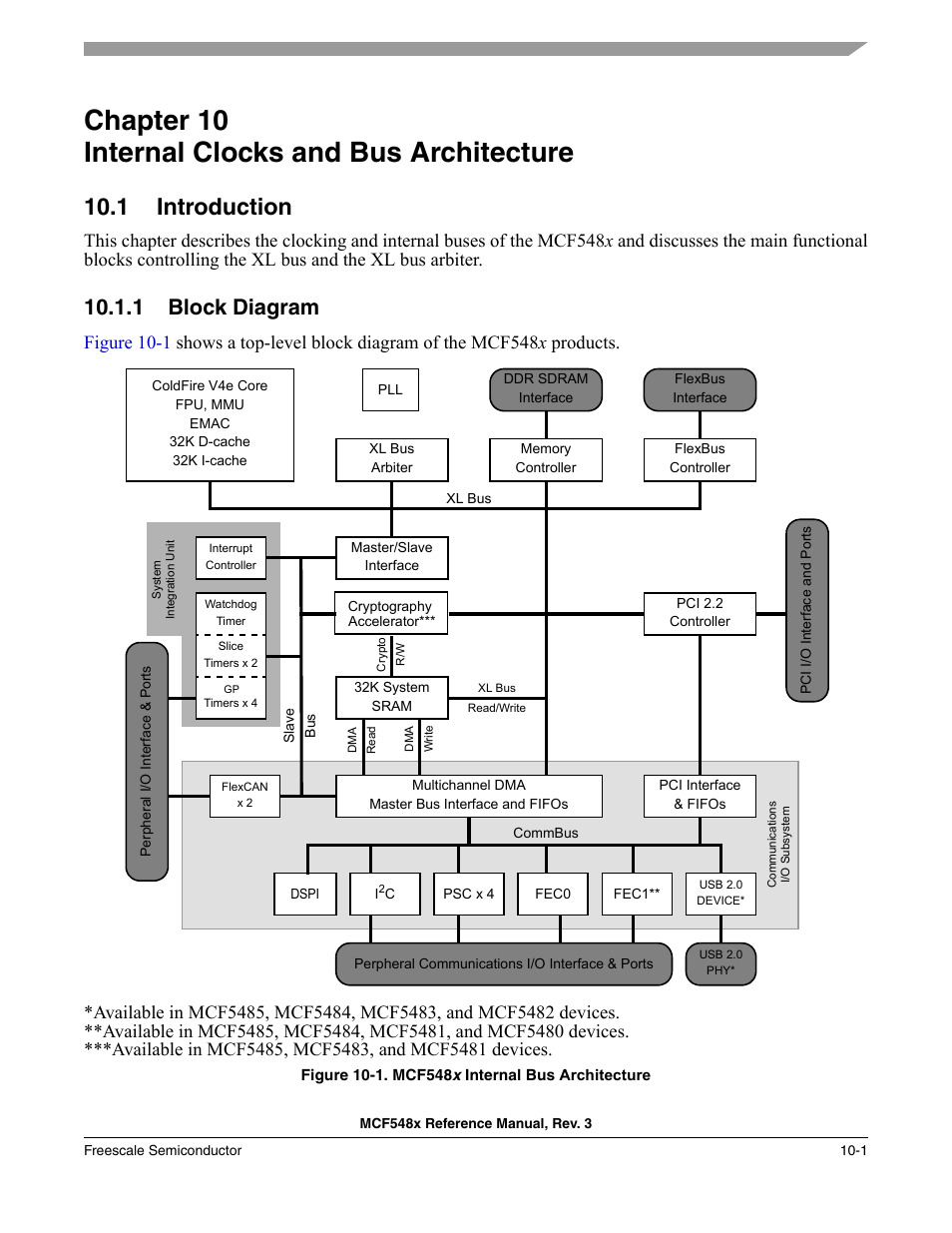 Chapter 10 internal clocks and bus architecture, 1 introduction, 1 block diagram | Chapter 10, Internal clocks and bus architecture, Introduction -1, Block diagram -1, Chapter 10, “internal clocks and bus architecture | Freescale Semiconductor MCF5480 User Manual | Page 323 / 1032