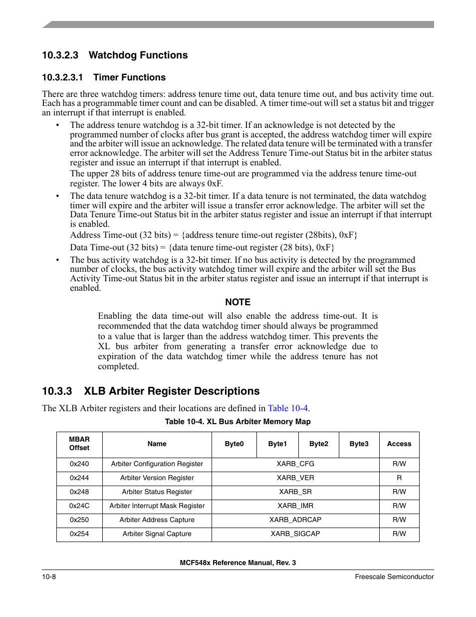3 watchdog functions, 1 timer functions, 3 xlb arbiter register descriptions | Watchdog functions -8, Xlb arbiter register descriptions -8 | Freescale Semiconductor MCF5480 User Manual | Page 330 / 1032