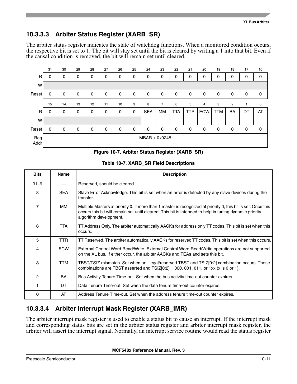 3 arbiter status register (xarb_sr), 4 arbiter interrupt mask register (xarb_imr), Arbiter status register (xarb_sr) -11 | Arbiter interrupt mask register (xarb_imr) -11 | Freescale Semiconductor MCF5480 User Manual | Page 333 / 1032