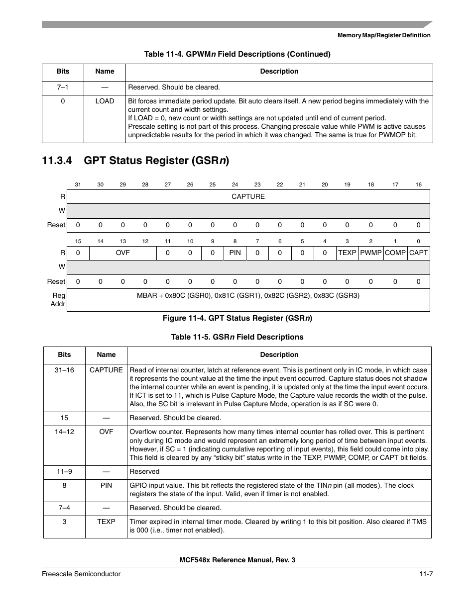 4 gpt status register (gsrn), Gpt status register (gsrn) -7, 4 gpt status register (gsr n ) | Freescale Semiconductor MCF5480 User Manual | Page 347 / 1032