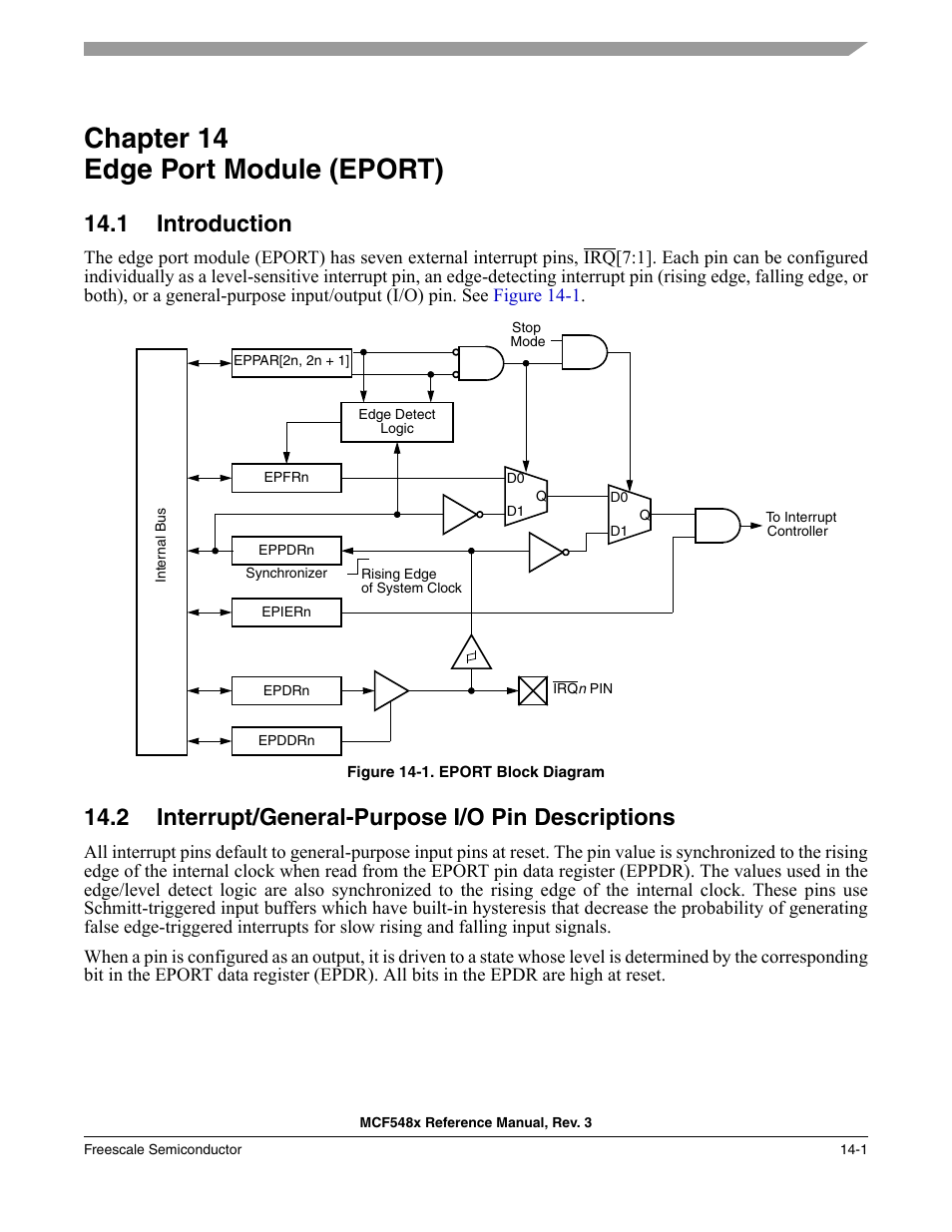 Chapter 14 edge port module (eport), 1 introduction, 2 interrupt/general-purpose i/o pin descriptions | Chapter 14, Edge port module (eport), Introduction -1, Interrupt/general-purpose i/o pin descriptions -1, Chapter 14, “edge port module (eport) | Freescale Semiconductor MCF5480 User Manual | Page 367 / 1032