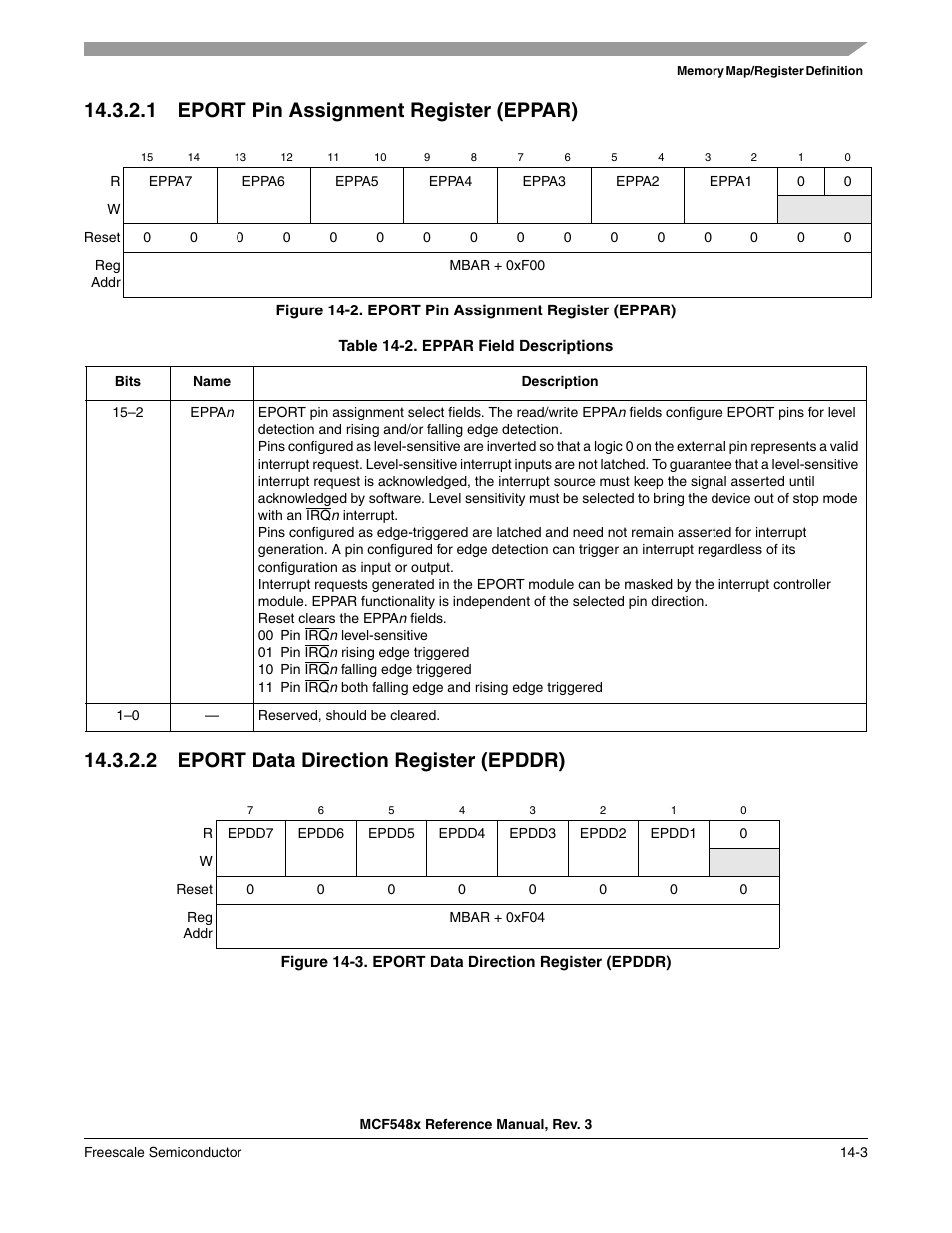 1 eport pin assignment register (eppar), 2 eport data direction register (epddr), Eport pin assignment register (eppar) -3 | Eport data direction register (epddr) -3 | Freescale Semiconductor MCF5480 User Manual | Page 369 / 1032