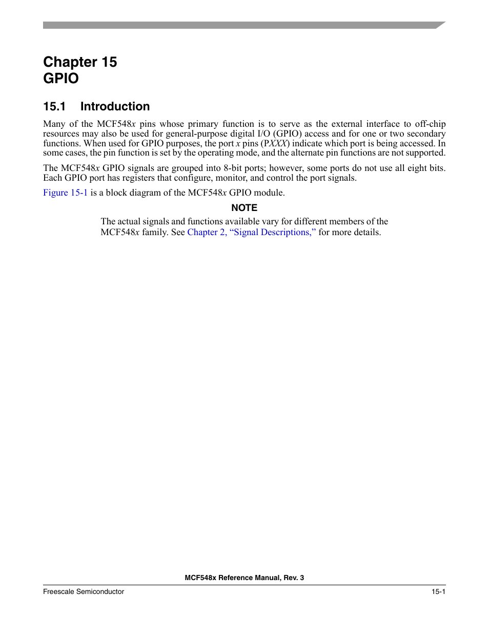 Chapter 15 gpio, 1 introduction, Chapter 15 | Gpio, Introduction -1, Chapter 15, “gpio | Freescale Semiconductor MCF5480 User Manual | Page 373 / 1032