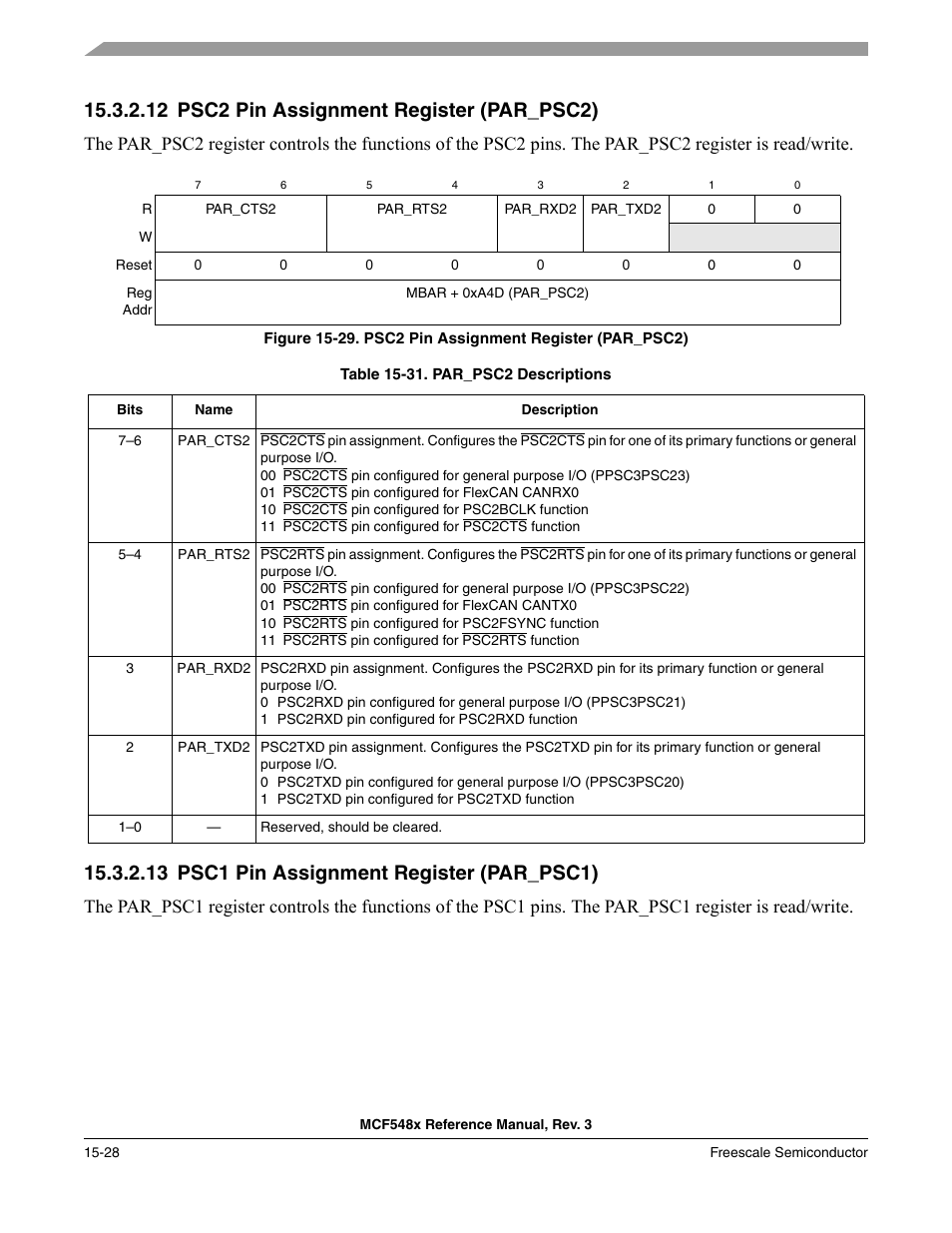 12 psc2 pin assignment register (par_psc2), 13 psc1 pin assignment register (par_psc1), Psc2 pin assignment register (par_psc2) -28 | Psc1 pin assignment register (par_psc1) -28 | Freescale Semiconductor MCF5480 User Manual | Page 400 / 1032