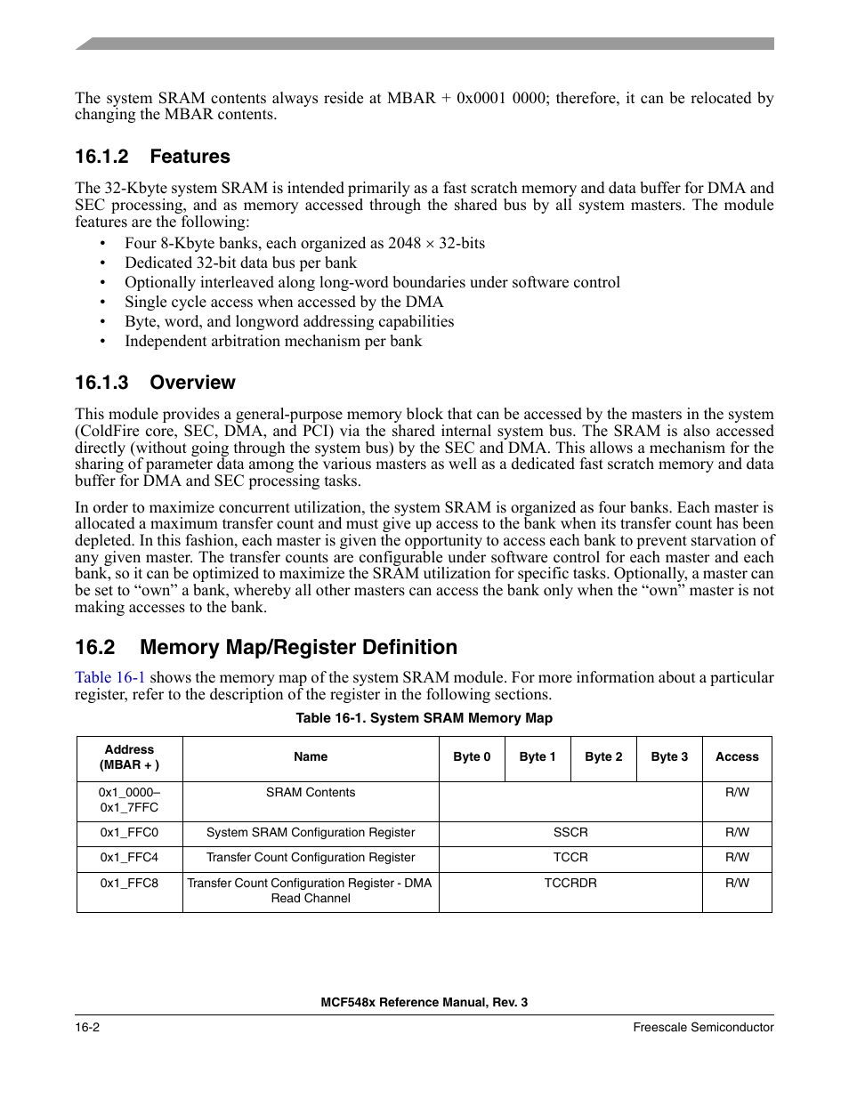 2 features, 3 overview, 2 memory map/register definition | Features -2, Overview -2, Memory map/register definition -2, Table 16-1/16-2 | Freescale Semiconductor MCF5480 User Manual | Page 410 / 1032