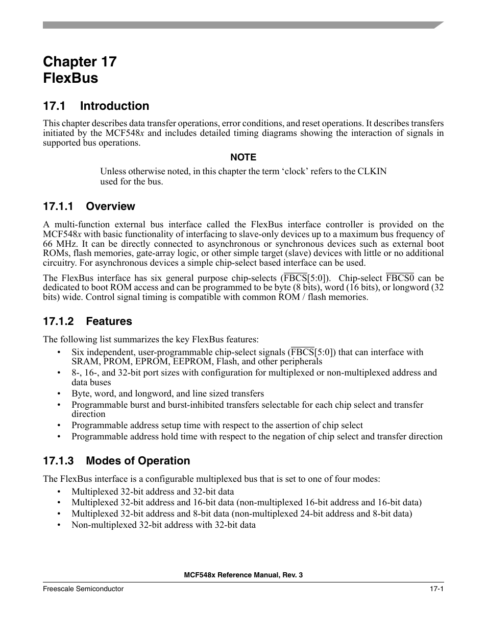 Chapter 17 flexbus, 1 introduction, 1 overview | 2 features, 3 modes of operation, Chapter 17, Flexbus, Introduction -1, Overview -1, Features -1 | Freescale Semiconductor MCF5480 User Manual | Page 417 / 1032