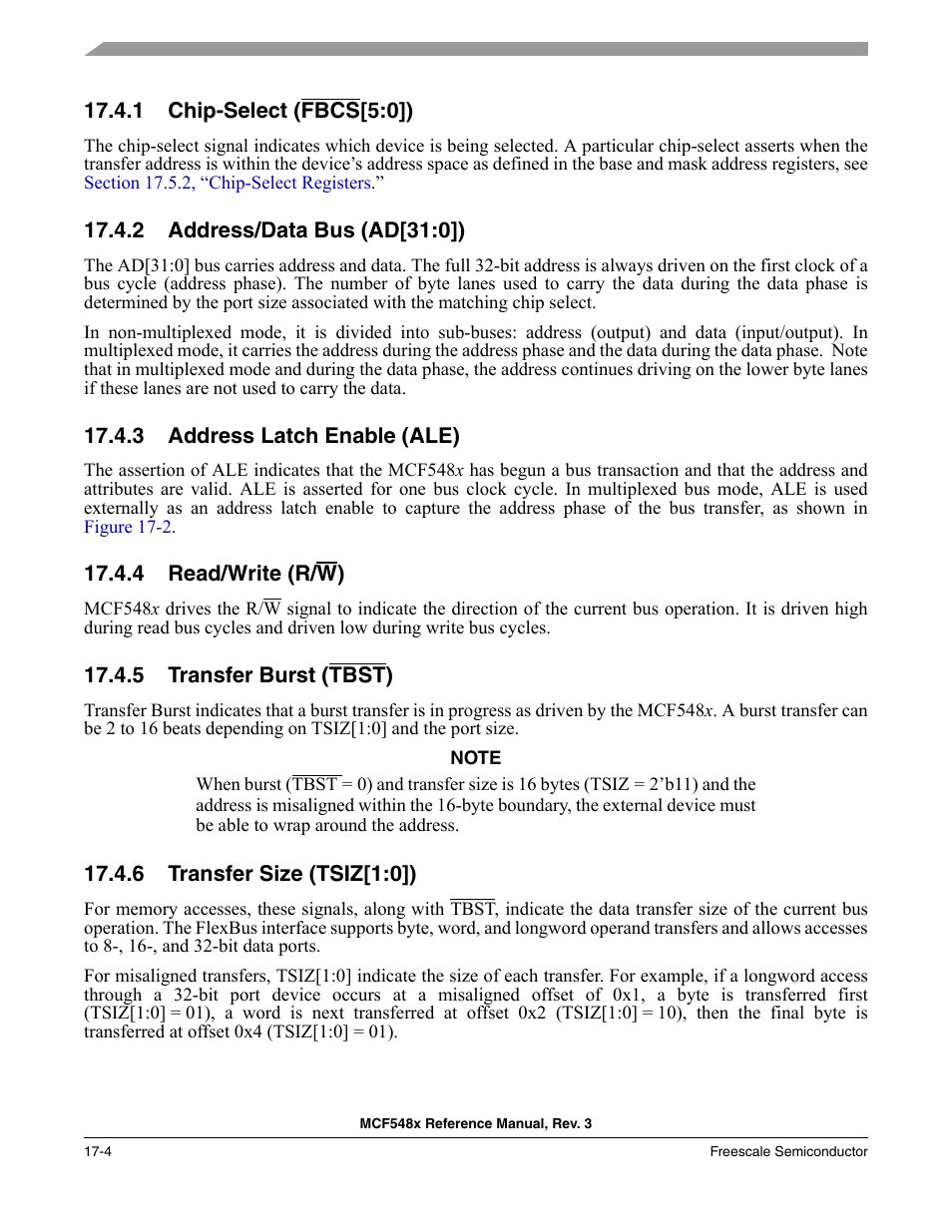 1 chip-select (fbcs[5:0]), 2 address/data bus (ad[31:0]), 3 address latch enable (ale) | 4 read/write (r/w), 5 transfer burst (tbst), 6 transfer size (tsiz[1:0]), Chip-select (fbcs, Address/data bus (ad[31:0]) -4, Address latch enable (ale) -4, Read/write (r | Freescale Semiconductor MCF5480 User Manual | Page 420 / 1032
