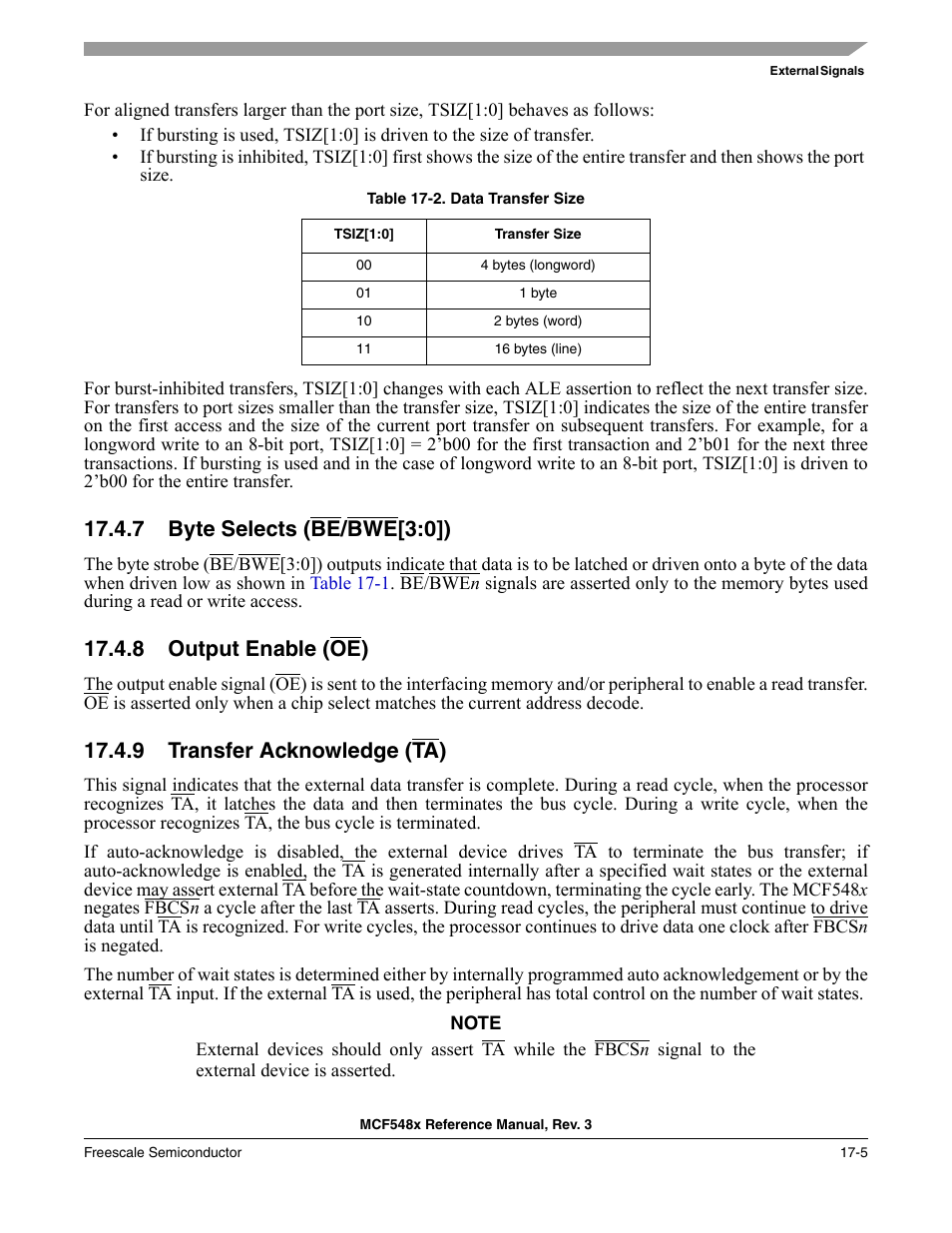 7 byte selects (be/bwe[3:0]), 8 output enable (oe), 9 transfer acknowledge (ta) | Byte selects (be, Output enable (oe, Transfer acknowledge (t | Freescale Semiconductor MCF5480 User Manual | Page 421 / 1032