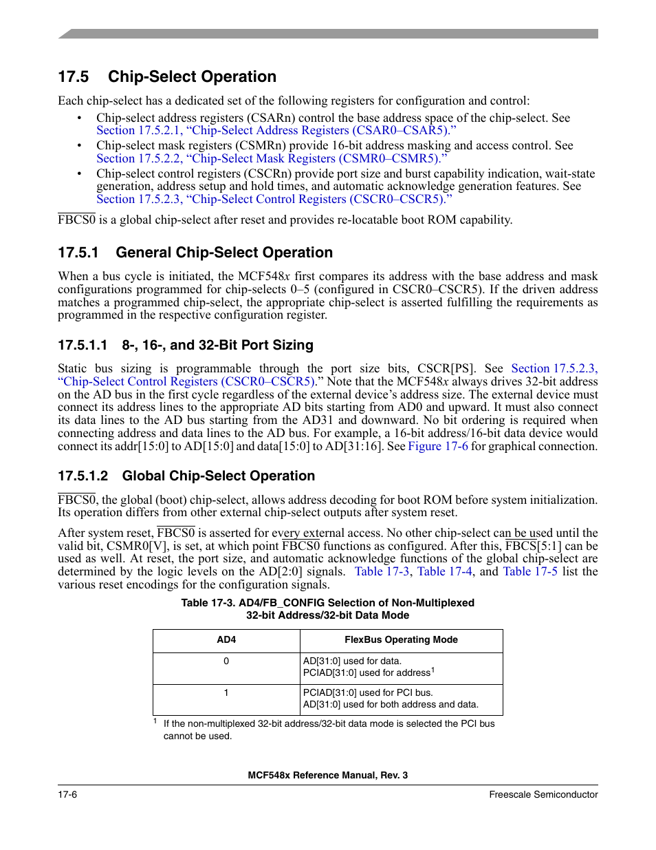 5 chip-select operation, 1 general chip-select operation, 1 8-, 16-, and 32-bit port sizing | 2 global chip-select operation, Chip-select operation -6, General chip-select operation -6, , 16-, and 32-bit port sizing -6, Global chip-select operation -6 | Freescale Semiconductor MCF5480 User Manual | Page 422 / 1032