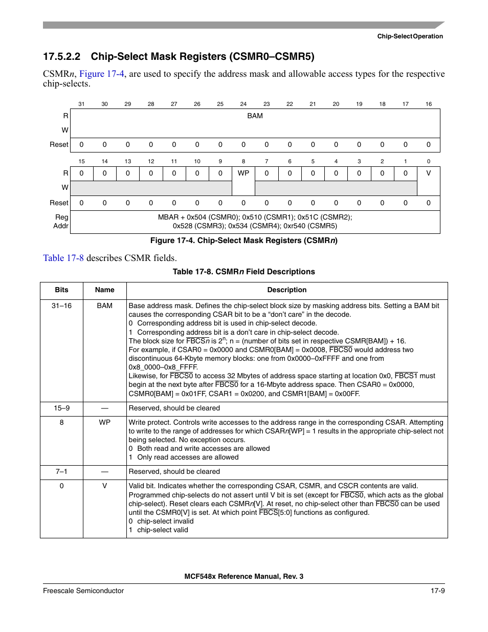 2 chip-select mask registers (csmr0-csmr5), Chip-select mask registers (csmr0–csmr5) -9, 2 chip-select mask registers (csmr0–csmr5) | Freescale Semiconductor MCF5480 User Manual | Page 425 / 1032